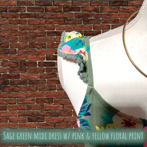 Sage Green Midi Dress w/Pink & Yellow Floral Print - Picture 2 of 8